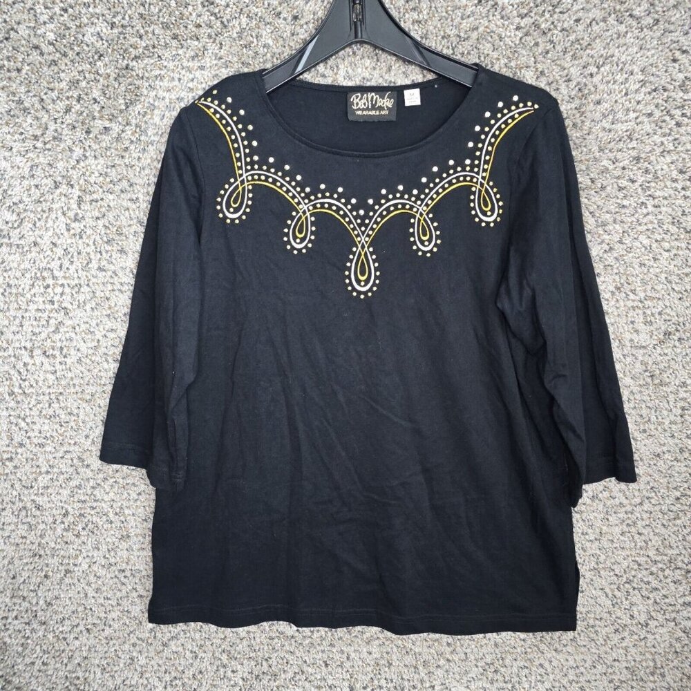 Bob Mackie Wearable Art Top Womens Medium Black Embroidered Scoop Neck Ladies